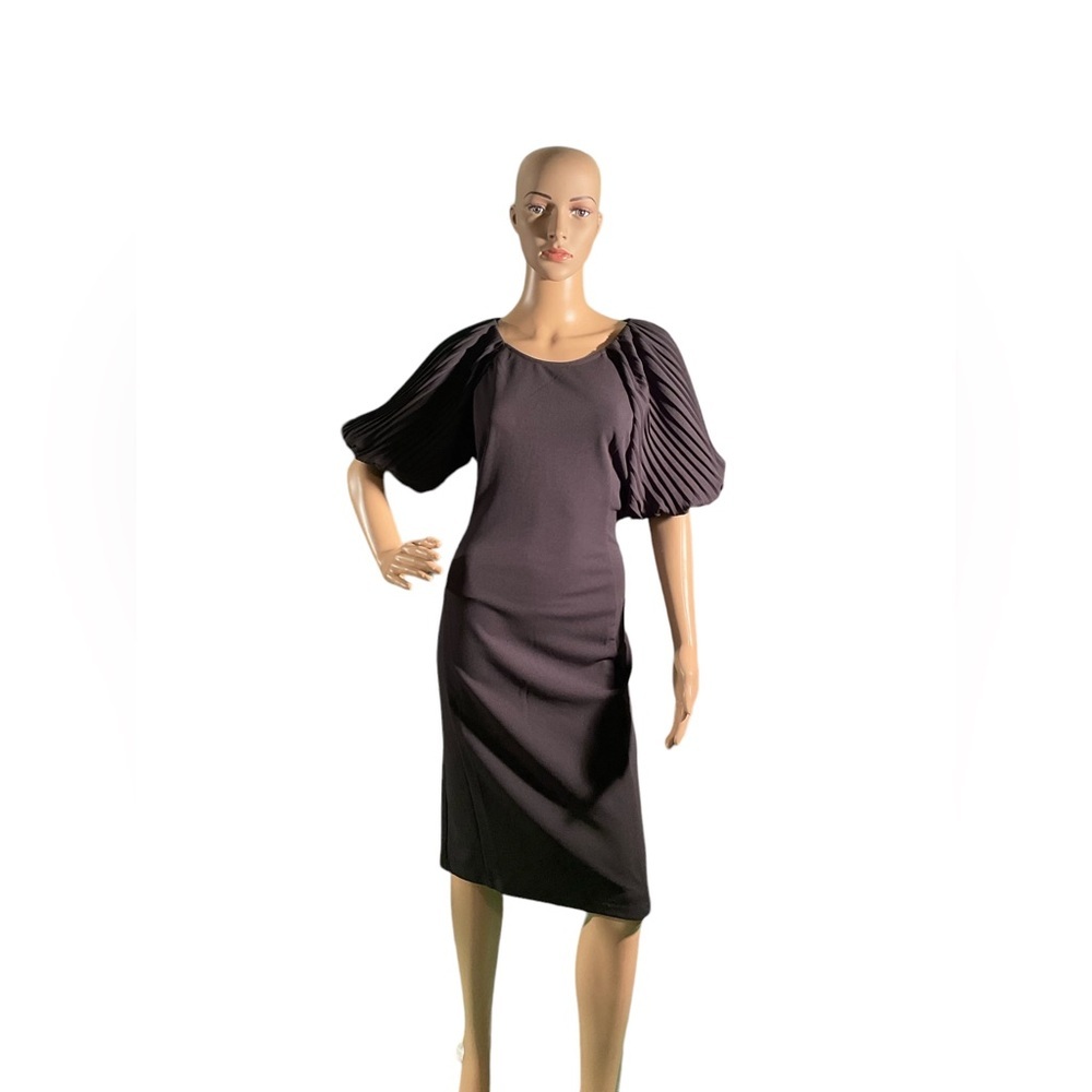 Nina Leonard Women’s Round Neck Pleat Puff Sleeve Black Midi Dress Size Large